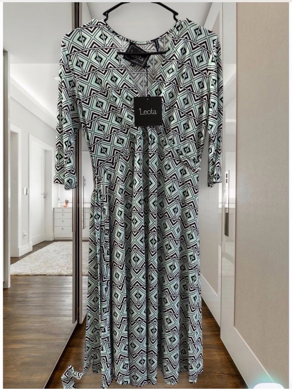 Leota Mint, Black and White Geometric Midi Dress